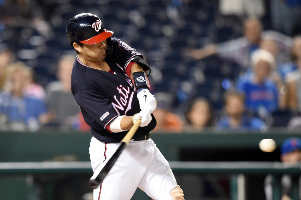 Kurt Suzuki #28 of the Washington Nationals hits a walk off three run home run in the ninth inning during a baseball game against the New York Mets at Nationals Park on September 3, 2019 in Washington, DC. (Photo by Mitchell Layton/Getty Images)