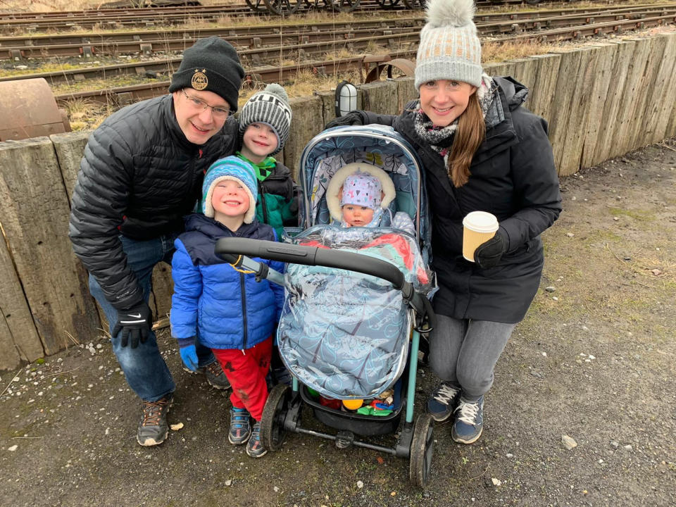 Campbell pictured with her husband, Kari, and children, Jensen, Finlay, and Krista. (Image supplied Caters)