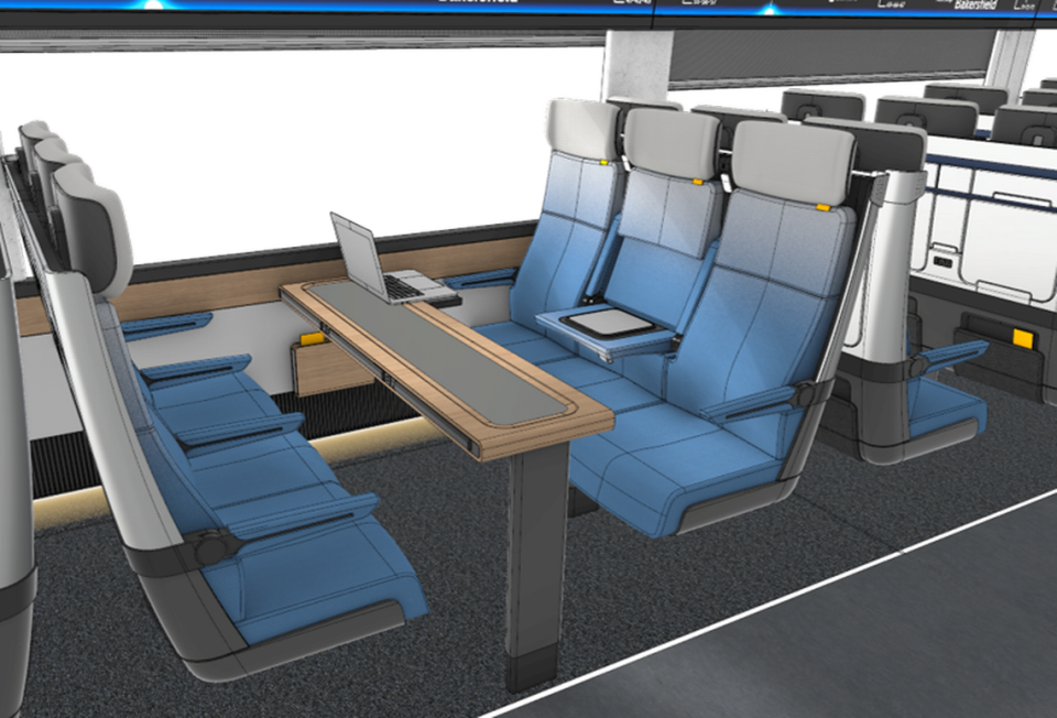 An artist’s rendering depicts basic “flex seating” aboard a future California High-Speed Rail Authority trainset. Such seating would provide three seats on one side of the train aisle and two on the other side.