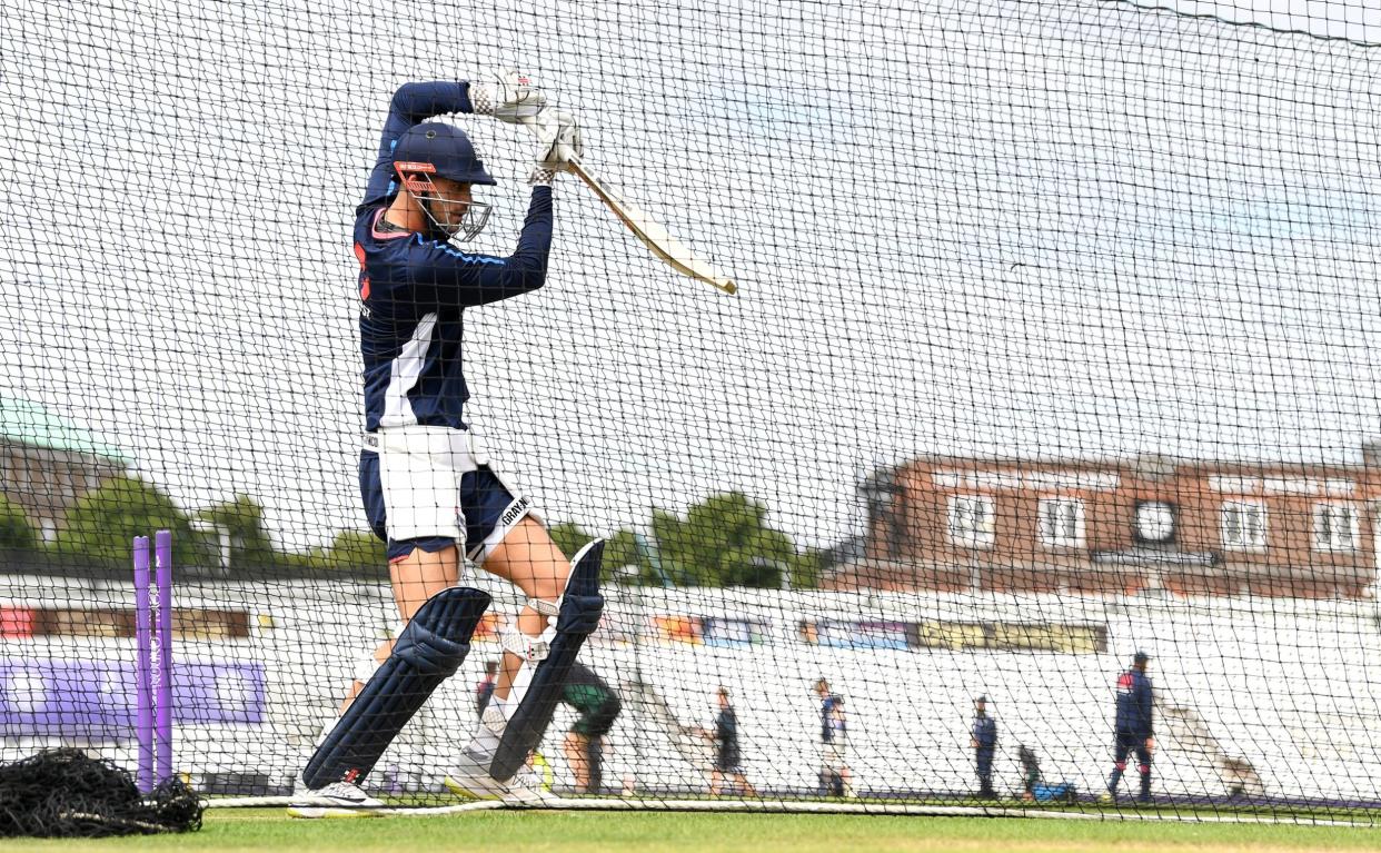 Alex Hales plays a shot during an England nets session: Getty Images