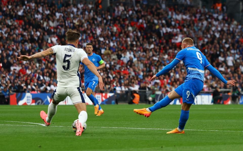 Jon Thorsteinsson netted Iceland’s goal in the 12th minute to put England on the back foot at Wembley. (Reuters)