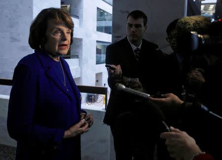 Senator Dianne Feinstein (D-CA), the chair of the United States Senate Select Committee on Intelligence, speaks to the media regarding confirmation hearings of CIA Director nominee John Brennan in Washington, DC, U.S. on March 5, 2013. REUTERS/Gary Cameron/File Photo