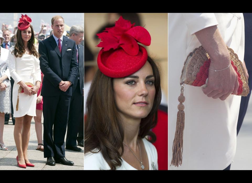 Dress by Reiss, a maple leaf brooch from Queen Elizabeth II, hat by Sylvia Fletcher at Lock and Co. and clutch by Anya Hindmarch. (Getty photos)