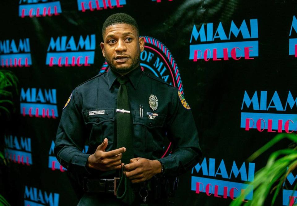 Miami Police Officer Raymon Washington talks about when he was bashed over the head by a teenager with a skateboard during a protest few months ago. Washington has since become a mentor to the teen, and agreed to have the young man serve probation instead of a stiffer penalty., on Thursday, November 05, 2020