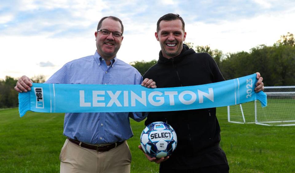 Vince Gabbert, LSC’s team president, left, and Sam Stockley, the club’s head coach and sporting director, have been on board since the franchise was launched in the fall of 2021. “We think we’re going to put a really good product on the field for people to enjoy,” Gabbert said.