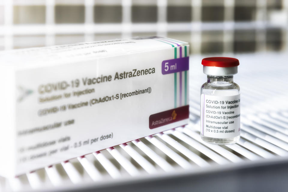 Thailand - June 7, 2021 : Astrazeneca  vaccine against the COVID-19 virus bottles with Vaccine Box on white tray