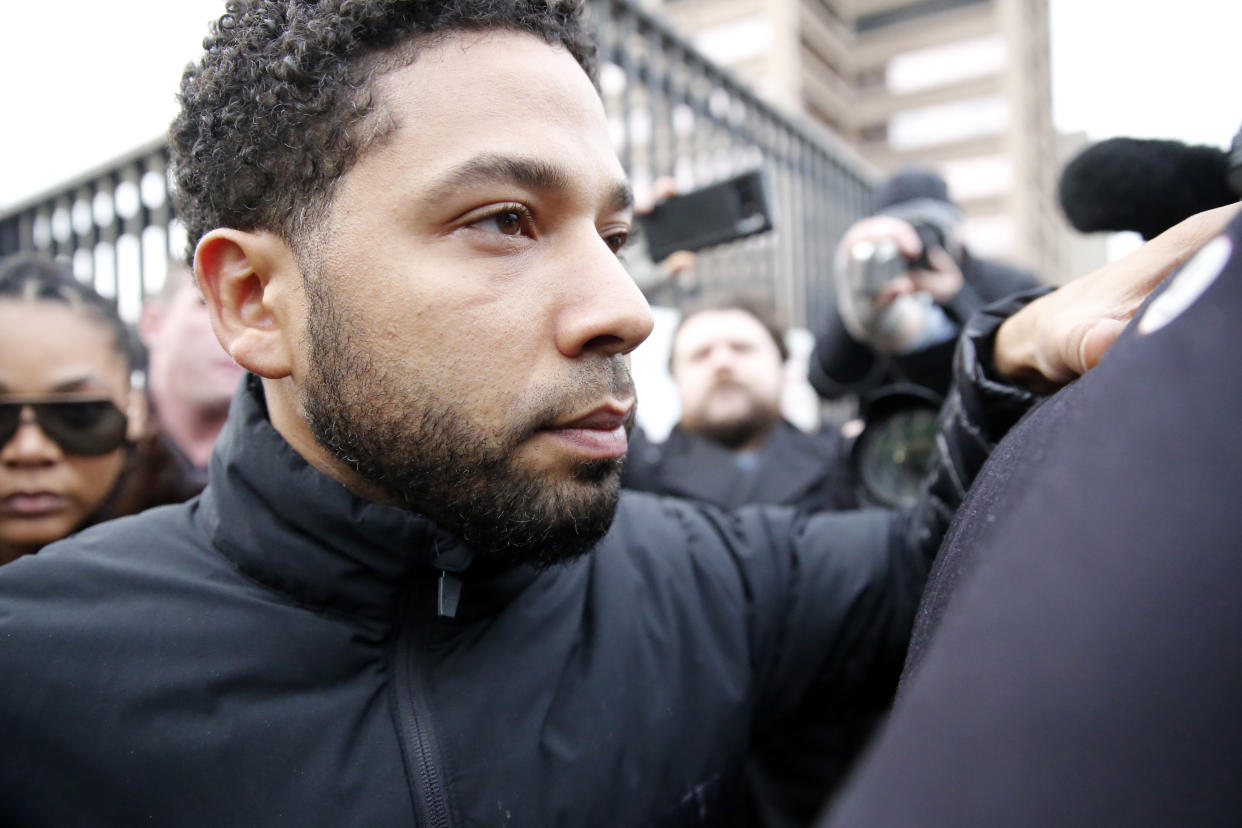 Empire actor Jussie Smollett leaves Cook County jail after posting bond on February 21, 2019 in Chicago, Illinois. Smollett has been accused of arranging an attack against himself. (Photo by Nuccio DiNuzzo/Getty Images)