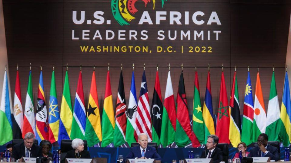 Tom Vilsack, US secretary of agriculture, from left, Janet Yellen, US Treasury secretary, US President Joe Biden, Antony Blinken, US secretary of state, and Macky Sall, Senegal's president, participate in the US-Africa Summit closing session in Washington, DC, US, on Thursday, Dec. 15, 2022