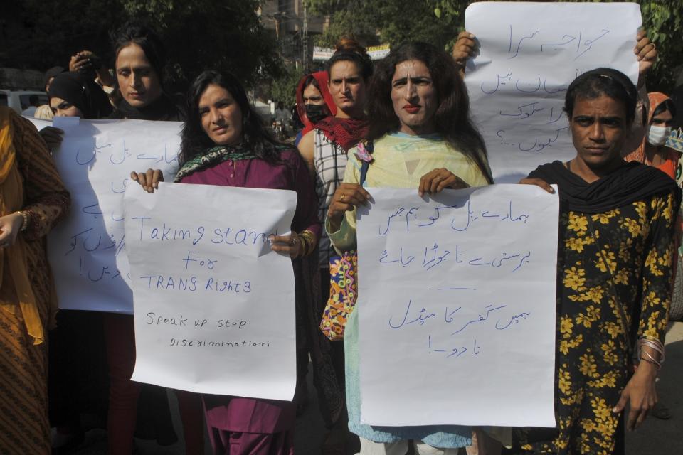 FILE - Pakistani transgender persons hold a demonstration demanding for their basic rights, in Hyderabad, Pakistan, Friday, Sept. 30, 2022. Transgender activists in Pakistan said Saturday, May 20, 2023, they plan to appeal to the highest court in the land an Islamic court's ruling that guts a law aimed at protecting their rights.(AP Photo/Pervez Masih, File)
