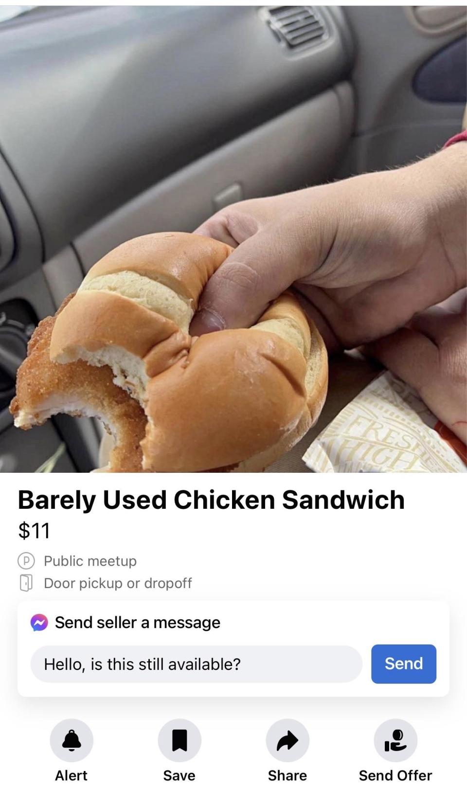 Hand holding a partially eaten sandwich, shown in a car, with a sales listing for "Barely Used Chicken Sandwich" at $11