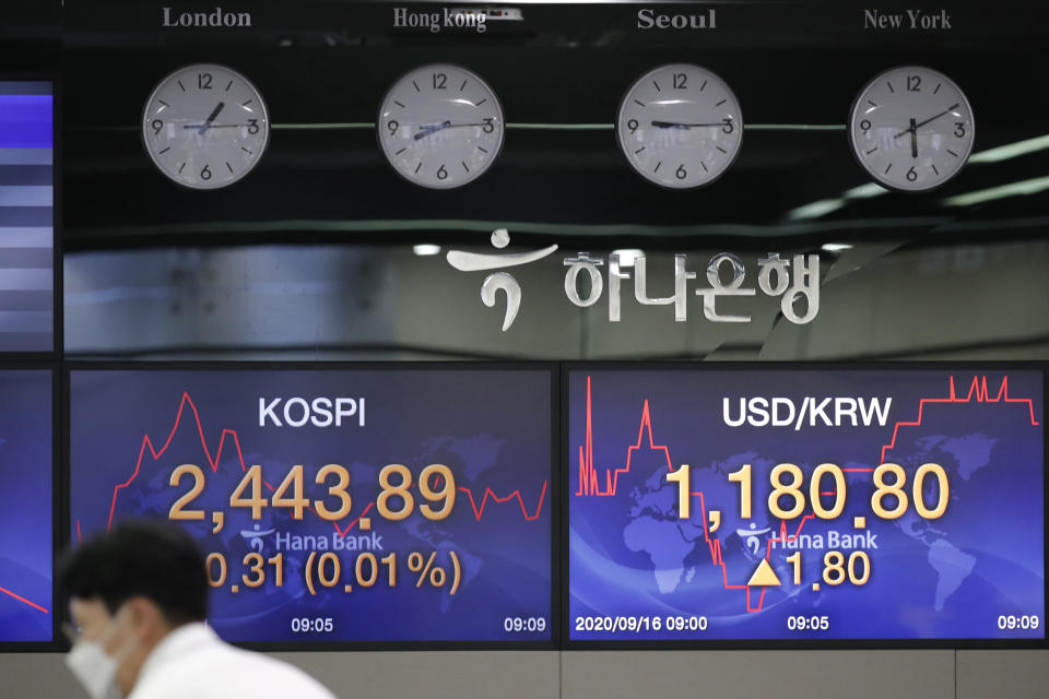 A currency trader works near screens showing the Korea Composite Stock Price Index (KOSPI), left, and the foreign exchange rate between U.S. dollar and South Korean won at the foreign exchange dealing room in Seoul, South Korea, Wednesday, Sept. 16, 2020. Shares were mostly higher in Asia on Wednesday after advances for big technology companies carried Wall Street to further gains overnight. (AP Photo/Lee Jin-man)