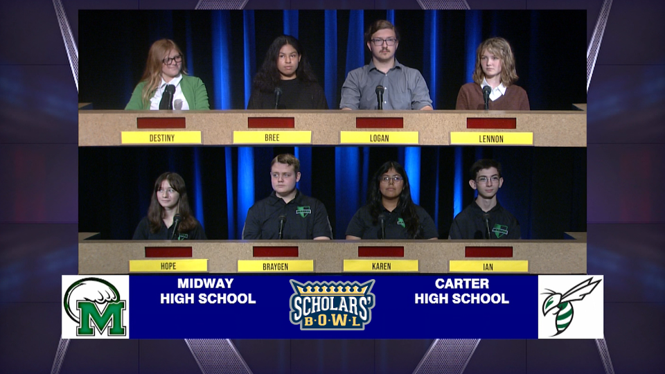 Midway’s Destiny Squire, Bree Duff, team captain Logan Carroll and Lennon Morrison compete against Carter’s Hope Barganier, team captain Braygen Jones, Karen Escobar and Ian Zancker in the 2022 ETPBS Scholars’ Bowl, airing through March on ETPBS. October, 2021.