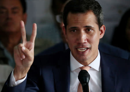 Venezuelan opposition leader Juan Guaido, who many nations have recognised as the country's rightful interim ruler, gestures during a news conference in Caracas, Venezuela May 9, 2019. REUTERS/Ivan Alvarado