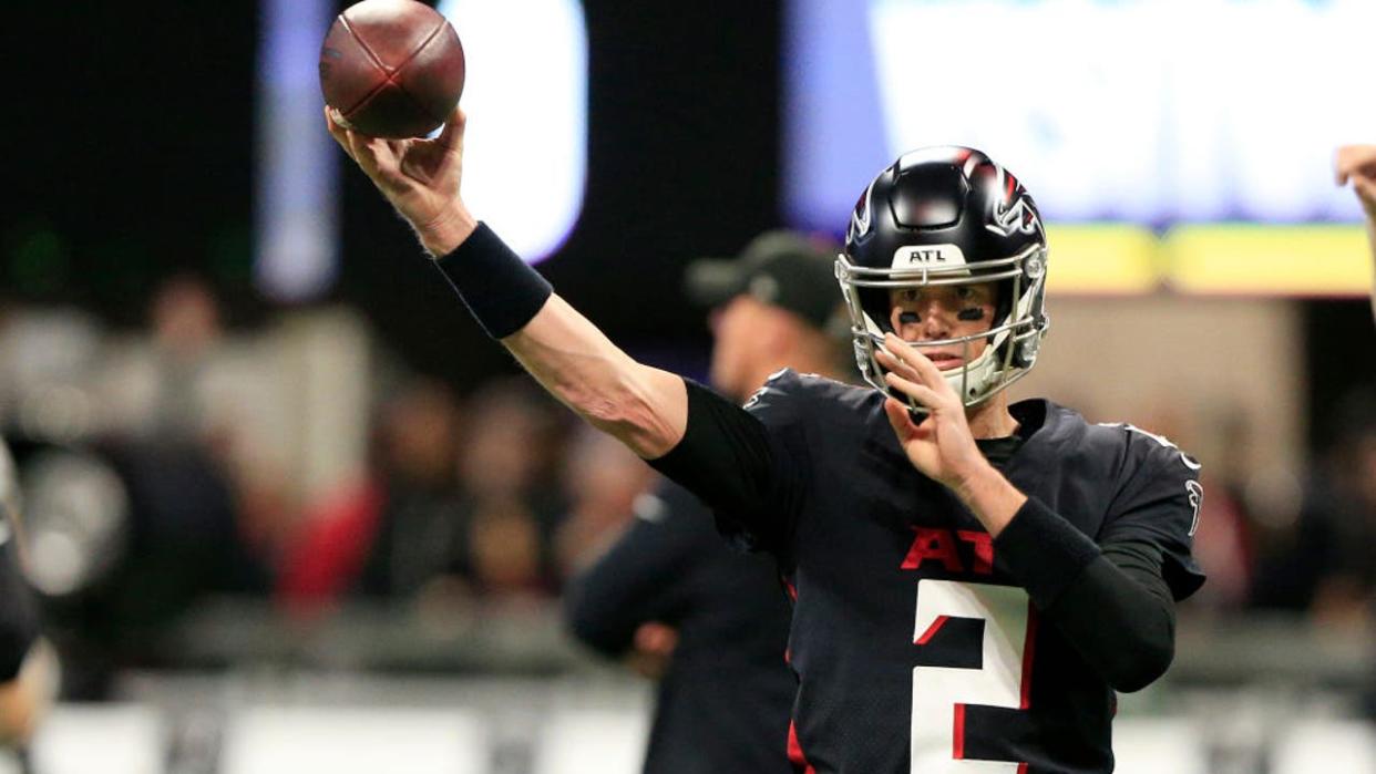 <div>ATLANTA, GA - JANUARY 09: Atlanta Falcons Quarterback Matt Ryan (2) warms up prior to the final NFL regular season game between the Atlanta Falcons and the New Orleans Saints on January 9, 2022 at Mercedes-Benz Stadium in Atlanta, Georgia. (Photo by David J. Griffin/Icon Sportswire via Getty Images)</div>