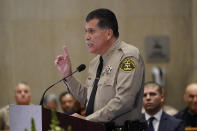 New Los Angeles County Sheriff Robert Luna speaks after being sworn in as the 34th Los Angeles Sheriff during a ceremony in Los Angeles, Saturday, Dec. 3, 2022. (AP Photo/Damian Dovarganes)