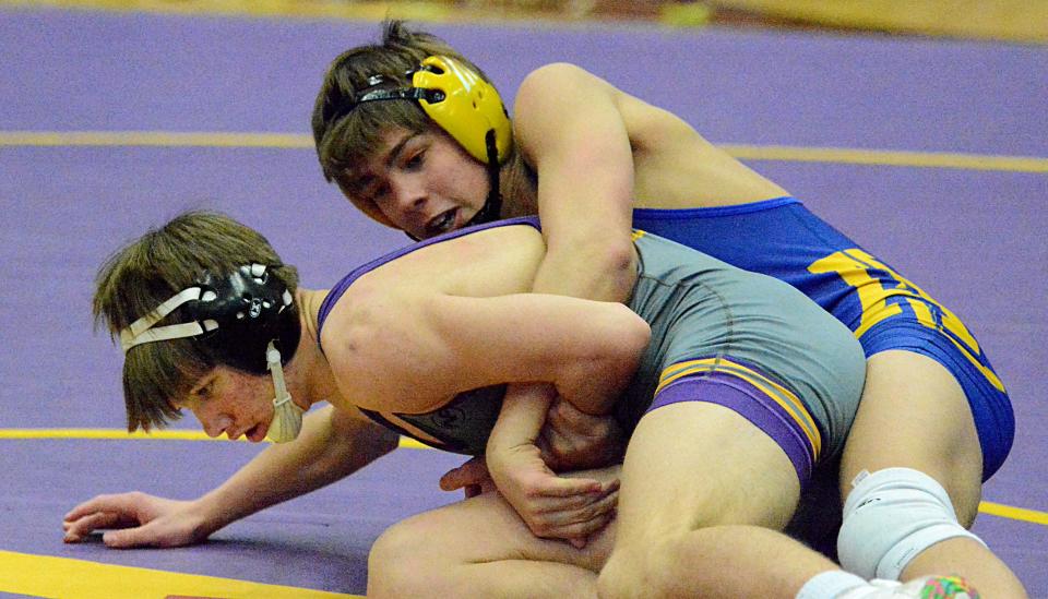 Aberdeen Central's Mason Schrempp controls Watertown's Cade Kuemper at 145 pounds during an Eastern South Dakota Conference wrestling triangular on Thursday, Jan. 26, 2023 in the Watertown Civic Arena.