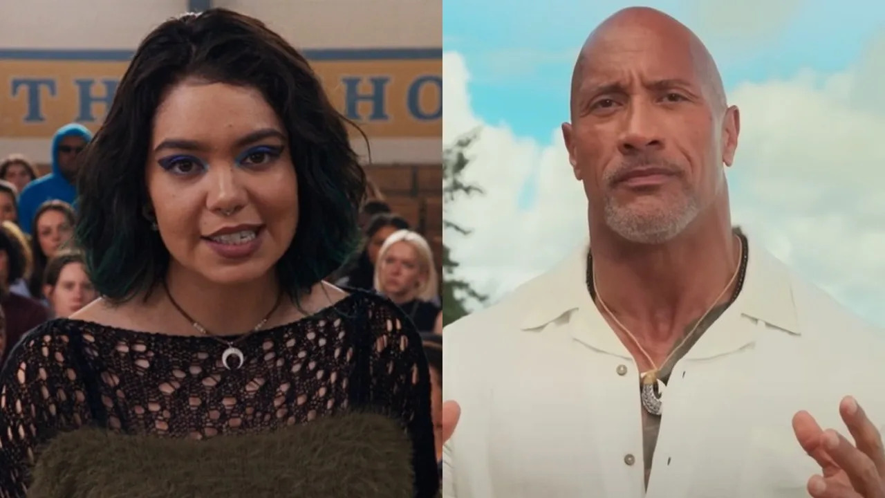  From left to right: Auli'i Cravalho in Mean Girls singing, and Dwayne Johnson talking with his hands in the Moana live-action announcement. 