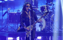 FILE - Lenny Kravitz performs at the iHeartRadio Music Awards on Monday, March 27, 2023, at the Dolby Theatre in Los Angeles. Kravitz is among the 2024 nominees for induction into the Rock & Roll Hall of Fame. (AP Photo/Chris Pizzello, File)