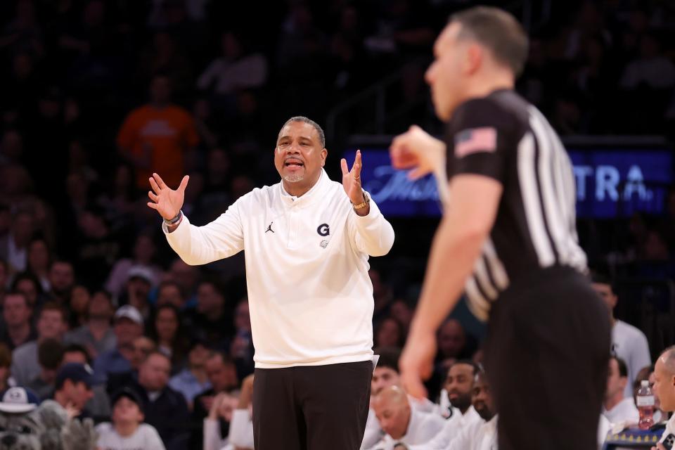 Georgetown Hoyas head coach Ed Cooley reacts during the first half against the Providence Friars in the Big East Tournament at Madison Square Garden in March.