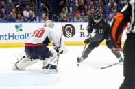 Mar 16, 2019; Tampa, FL, USA; Tampa Bay Lightning left wing Alex Killorn (17) shoots as Washington Capitals goaltender Braden Holtby (70) makes a save during the third period at Amalie Arena. Mandatory Credit: Kim Klement-USA TODAY Sports