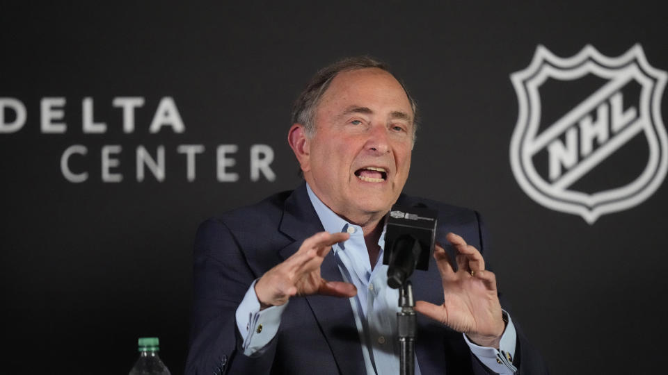 NHL Commissioner Gary Bettman speaks during a new conference Friday, April 19, 2024, in Salt Lake City. (AP Photo/Rick Bowmer)