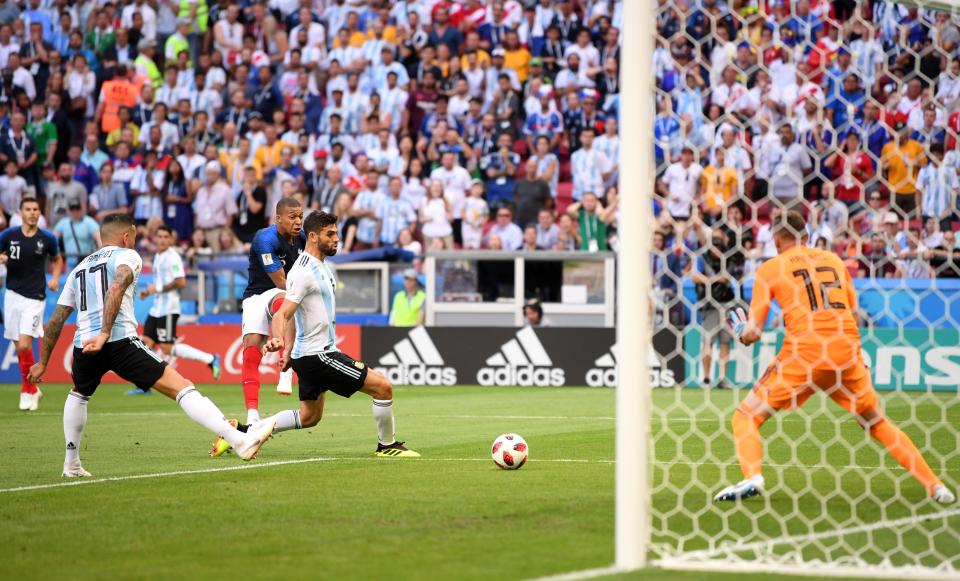 <p>Kylian Mbappe of France scores his team’s third goal to put France back in front again against Argentina </p>