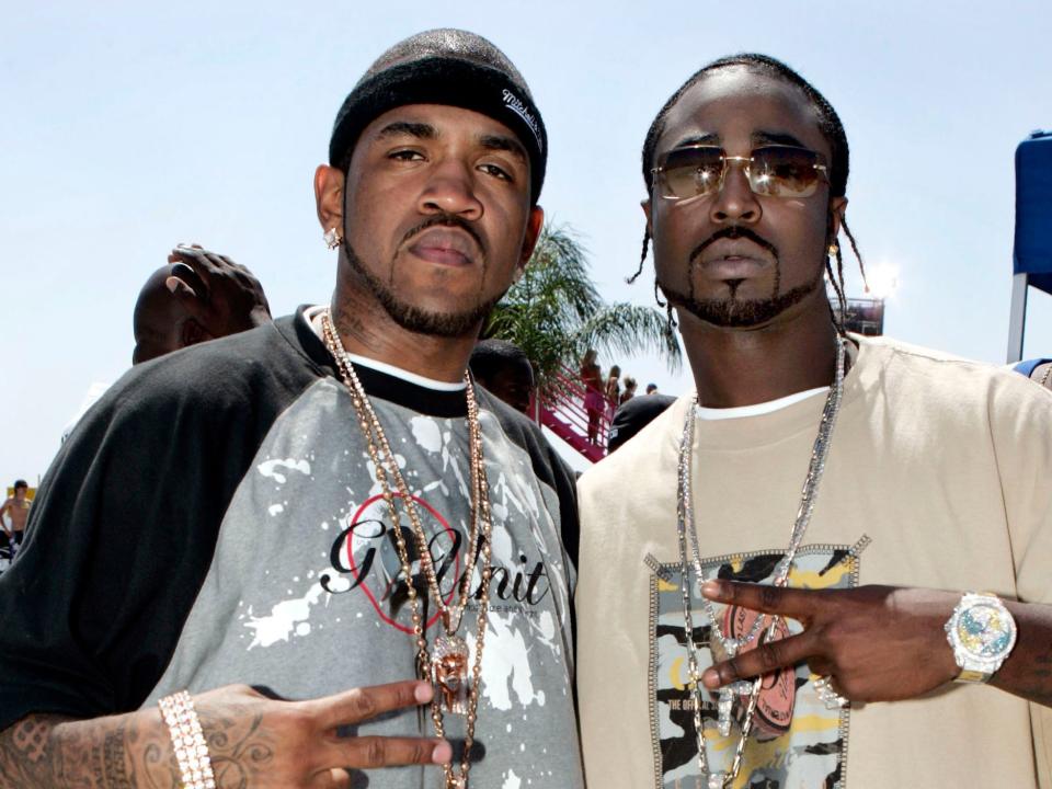 Lloyd Banks and Young Buck of G-Unit during Lloyd Banks and Young Buck of G-Unit Stop by MTV's "Summer on the Run" Beach House 2004 at MTV Beach House in Long Beach, California, United States.