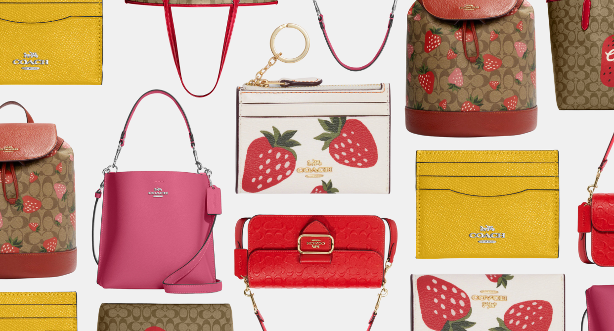 collage of coach outlet bags, strawberry print wallet, yellow wallet, strawberry print backpack, pink handbag