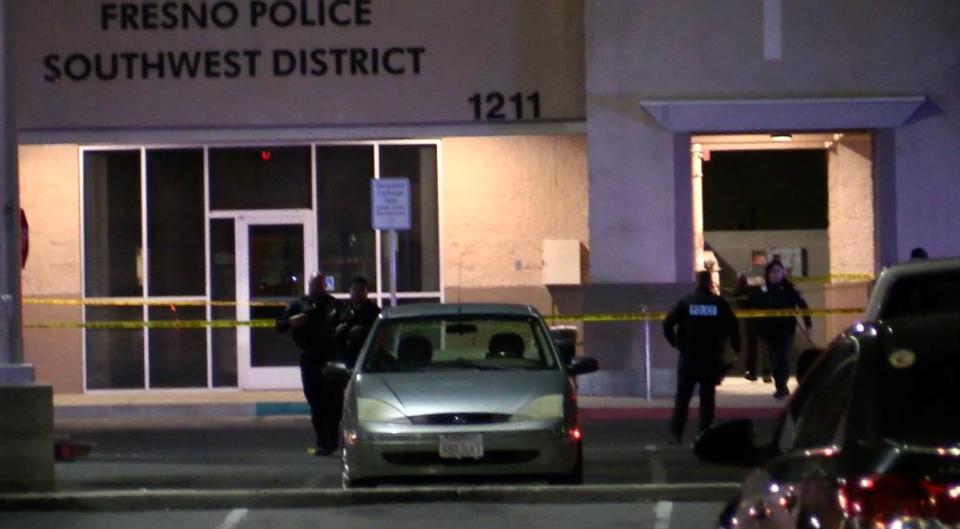 Fresno Police investigate an officer-involved shooting near the department’s substation on Saturday, March 18, 2023. The man later died at the hospital.