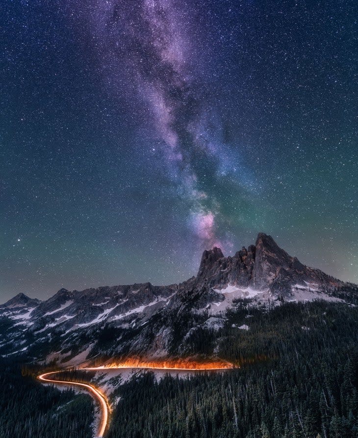 Celestial Symphony: Nightfall at Liberty Bell Mountain from the Washington Pass Overlook in North Cascades National Park.