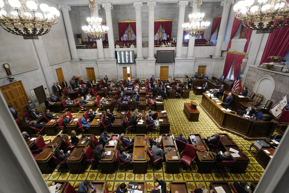 FILE - The Tennessee House of Representatives meets Oct. 27, 2021, in Nashville, Tenn. Tennessee state staffers watched intently this summer while local school officials voted down a contentious Hillsdale College-linked charter school. According to public records, the staffers were aware their state commission would likely be in the tight spot soon of deciding whether to let the school open anyway. (AP Photo/Mark Humphrey, File)