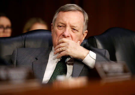 Senator Dick Durbin (D-IL) listens to testimony to the Senate Judiciary Committee during a hearing about legislative proposals to improve school safety in the wake of the mass shooting at the high school in Parkland, Florida, on Capitol Hill in Washington, U.S., March 14, 2018. REUTERS/Joshua Roberts