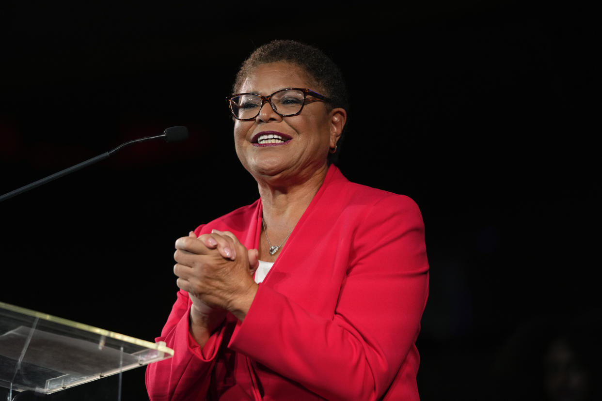 Los Angeles mayoral candidate Rep. Karen Bass, D-Calif., speaks at an election night party in Los Angeles, Tuesday, Nov. 8, 2022. (AP Photo/Jae C. Hong)