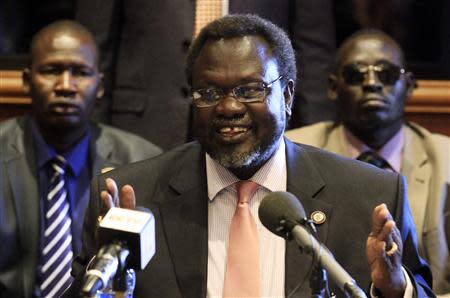 South Sudan's rebel leader Riek Machar addresses a news conference in Ethiopia's capital Addis Ababa, May 12, 2014. REUTERS/Tiksa Negeri