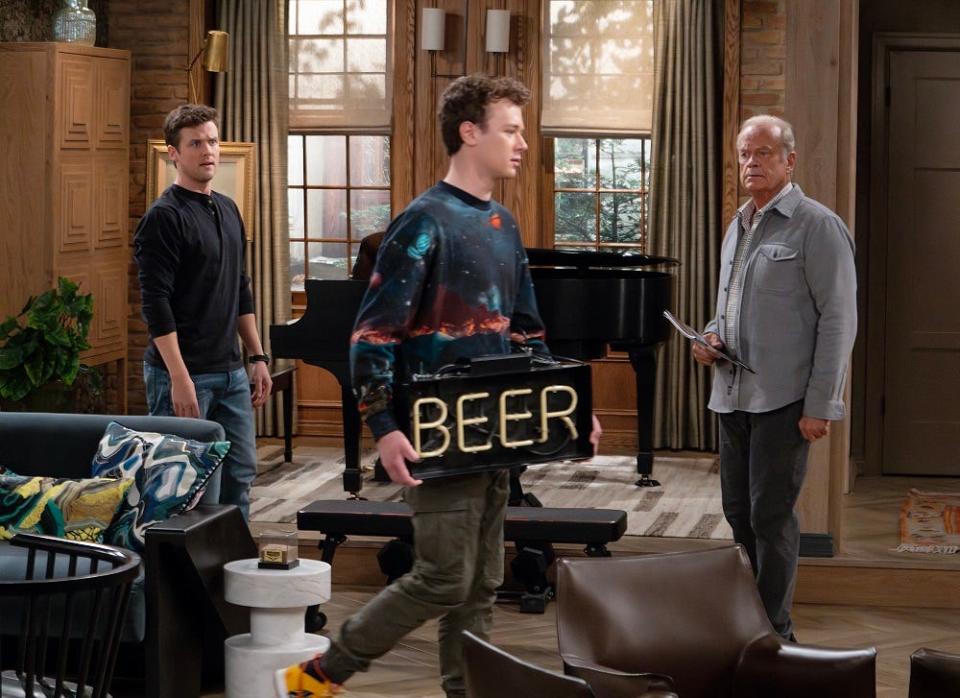 Jack Cutmore-Scott (from left) as Frasier's son Freddy Crane, Anders Keith as his nephew David and Kelsey Grammer as Frasier Crane.