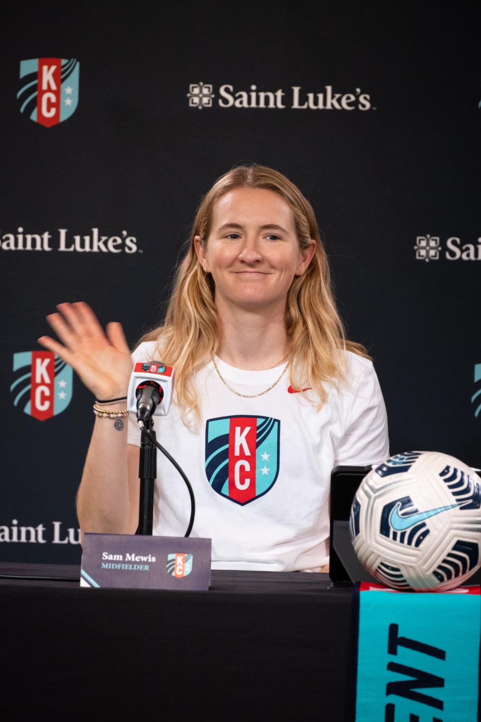 Former Whitman-Hanson High star Sam Mewis appears at a news conference on Friday, Dec. 3, welcoming her to the Kansas City Current of the National Women's Soccer League. Mewis, 29, is a standout midfielder for the U.S. Women's National Team.