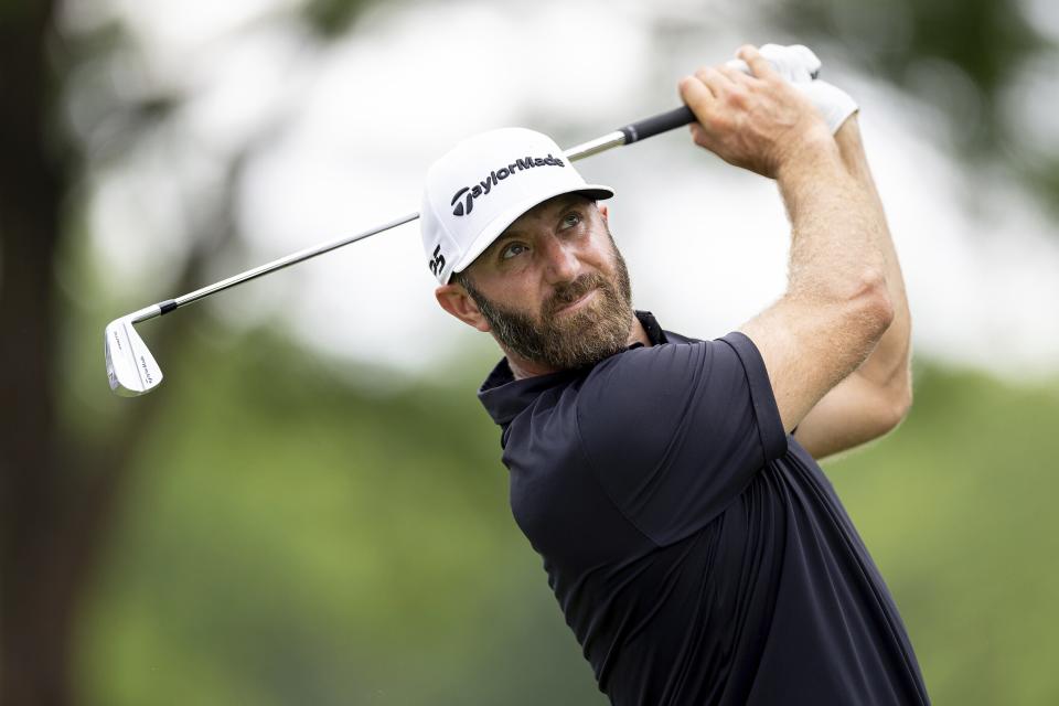 Captain Dustin Johnson, of 4Aces GC, hits from the sixth tee during the final round of LIV Golf Tulsa at Cedar Ridge Country Club, Sunday, May 14, 2023, in Broken Arrow, Okla. (Katelyn Mulcahy/LIV Golf via AP)