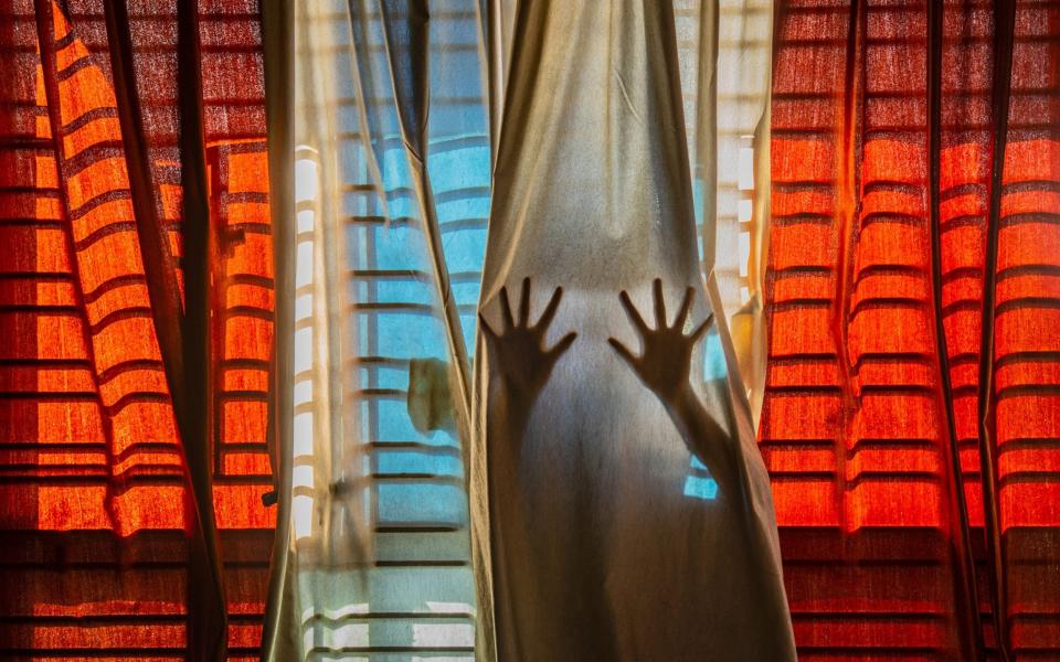the shadows of railings projected onto curtains create the illusion of cage bars from behind which a pair of hands is seen as if trying to break through. The illusion of shadows and hands gesture convey a sense of entrapment shared by so many across the world this past year. - Pubarun Basu/Sony World Photography Awards 