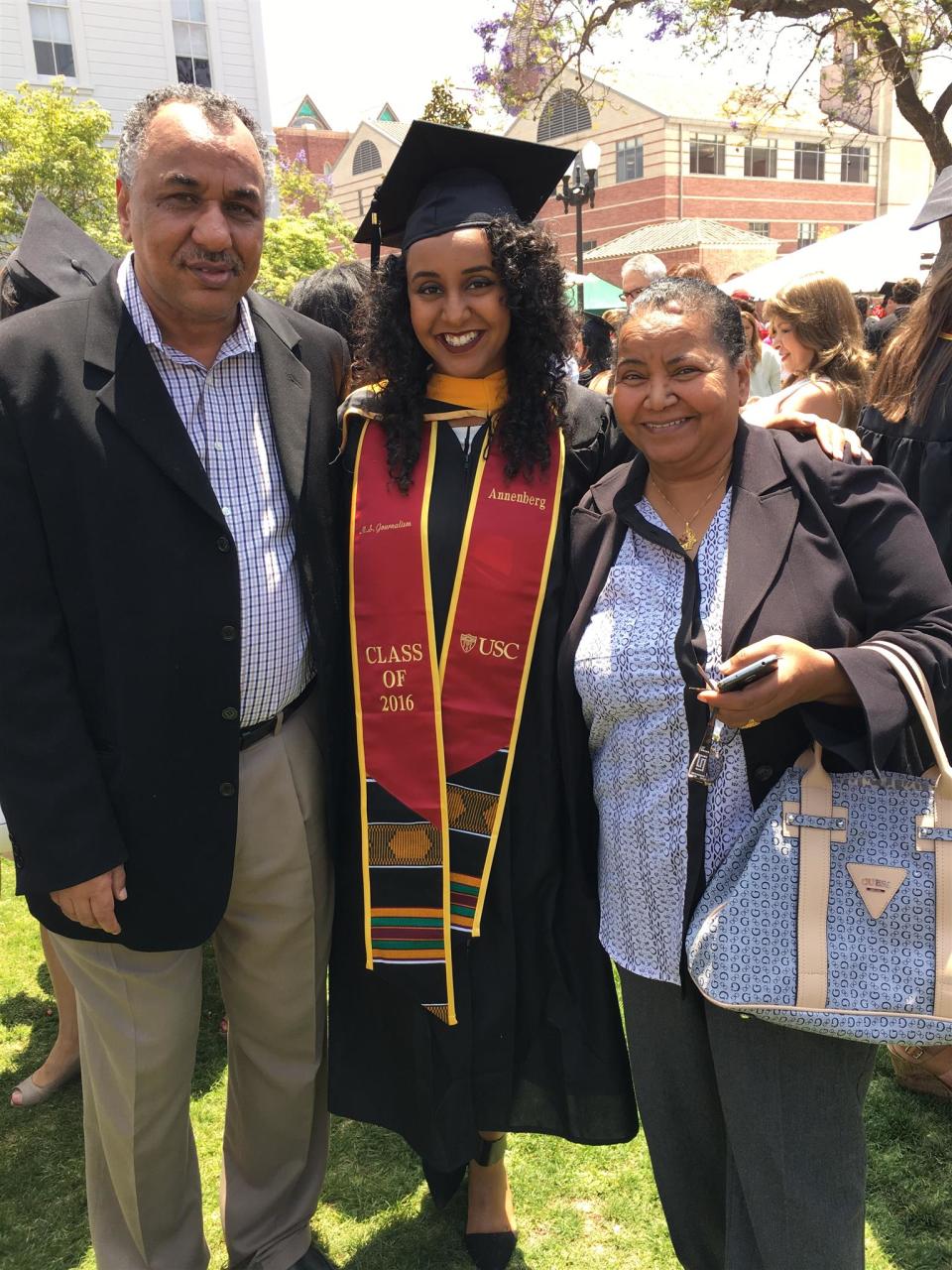 Rasha Ali with her parents, Rasheed Ali, left, and Sowad Hassan, right, in Los Angeles in May 2016.