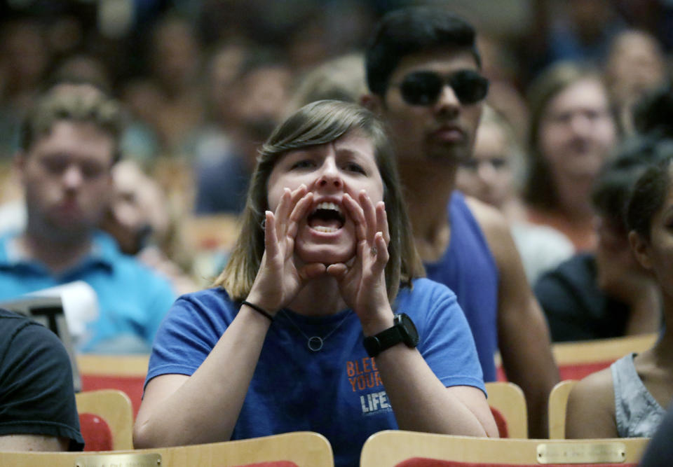 FILE- A protester shouts down White Nationalist Richard Spencer during a speech at the University of Florida in Gainesville, Fla., Oct. 19, 2017. New polling finds that America’s college campuses are seen as far friendlier to liberals than to conservatives when it comes free speech. Polling from the University of Chicago and the AP-NORC Center for Public Affairs Research finds that 47% of adult Americans say liberals are free to express their views on college campuses, while 20% said the same of conservatives. (AP Photo/Chris O'Meara, File)