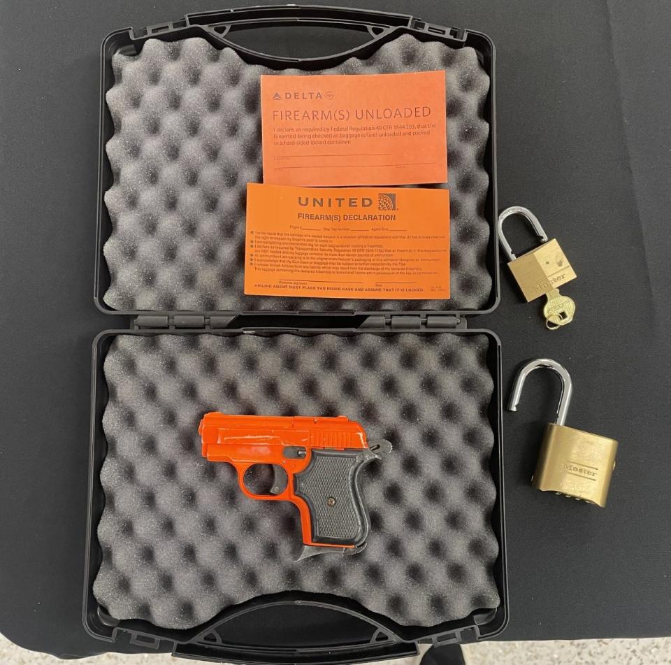 A hard-sided case passengers can use to store firearms in checked bags.