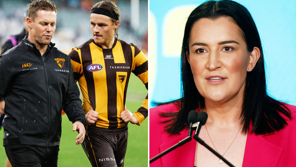 Laura Kane, pictured here alongside Jack Ginnivan and Sam Mitchell in the AFL.