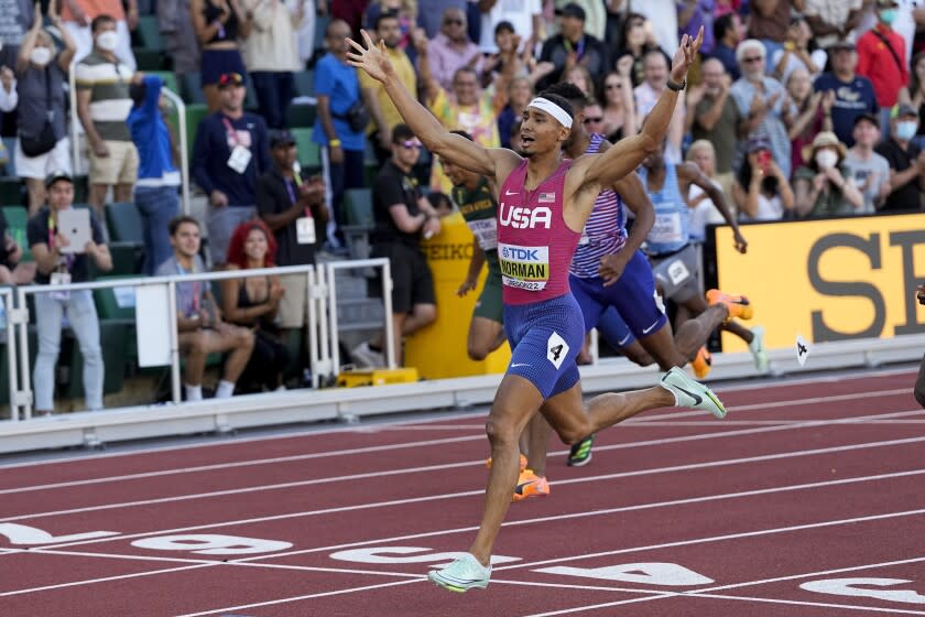 Michael Norman of the U.S. reacts after winning the 400-meter final at the world.