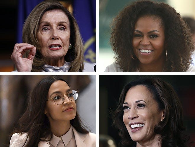 (Top from left) House Speaker Nancy Pelosi and former first lady Michelle Obama.
(Bottom from left) Rep. Alexandria Ocasio-Cortez and Sen. Kamala Harris.