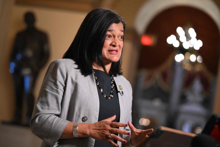 Representative Pramila Jayapal (D-WA) speaks during a television interview at the United States Capitol in Washington, DC on May 31, 2023.