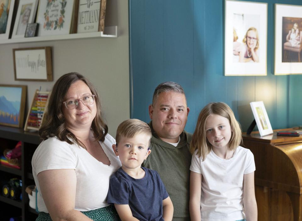 Candalyn Winder Mettmann, son, Ellington, husband Jason Mettmann and daughter, Adair, are photographed at their Murray home on Wednesday, May 24, 2023. | Laura Seitz, Deseret News