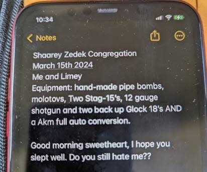 Federal officials said they found this note in Seann Pietila's phone. He was arrested Friday, June 16, 2023, and charged with making threats. Authorities said he was planning a mass shooting.