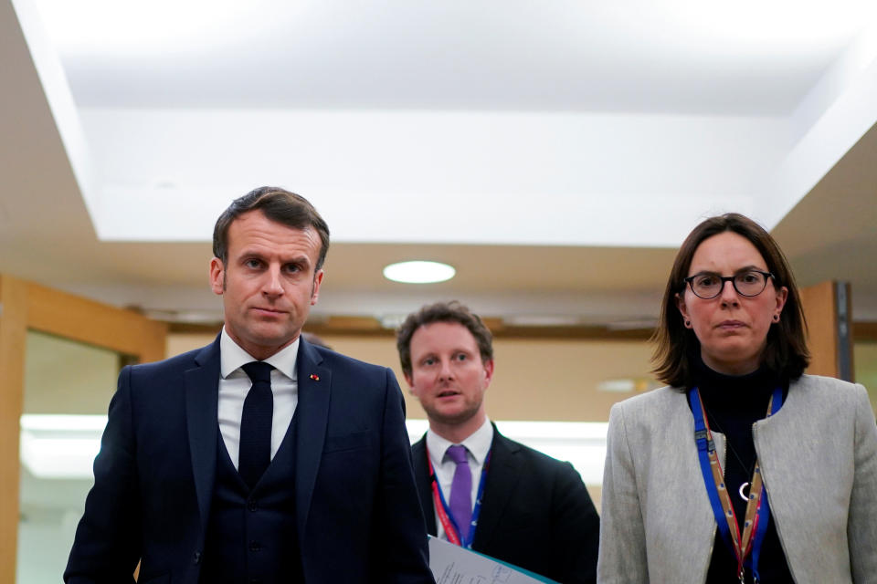 French President Emmanuel Macron and French Junior Minister for European Affairs Amelie de Montchalin attend the second day of the European Union leaders summit, held to discuss the EU's long-term budget for 2021-2027, in Brussels, Belgium, February 21, 2020.  Kenzo Tribouillard/Pool via REUTERS