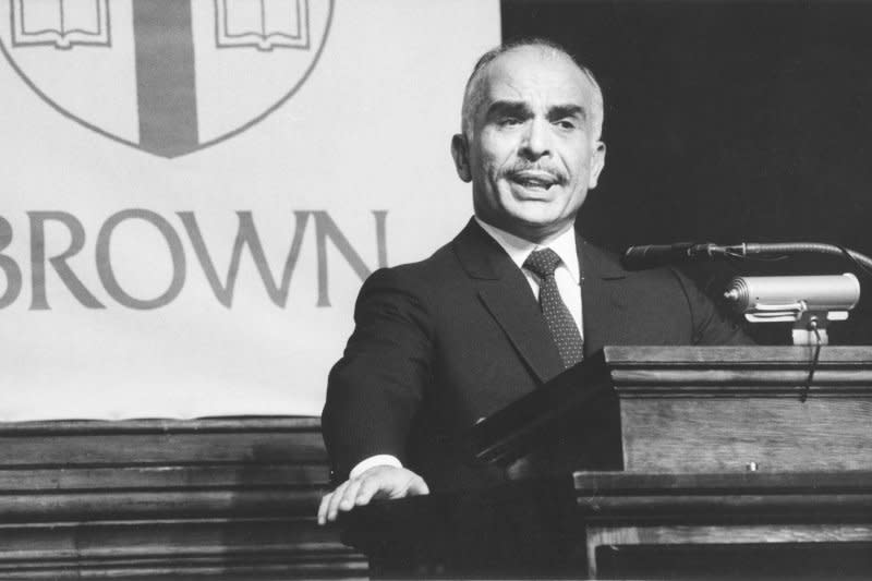 King Husssein of Jordan answers questions from the audience following his speech at Brown University Commencement Forum on May 25, 1985. On August 11, 1952, Jordan's parliament ousted King Talal for being mentally unfit to rule and named his 17-year-old son King Hussein. The young king would go on to rule 43 years, until his death Feb. 7, 1999. UPI File Photos