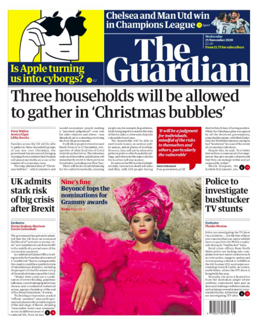 The Guardian focuses on a quote from the four UK governments, who say the festive reunions will be a 'judgement for individuals, mindful of the risks'.